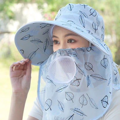 Leaf Print Large Brim Shawl Mask Sun Hat