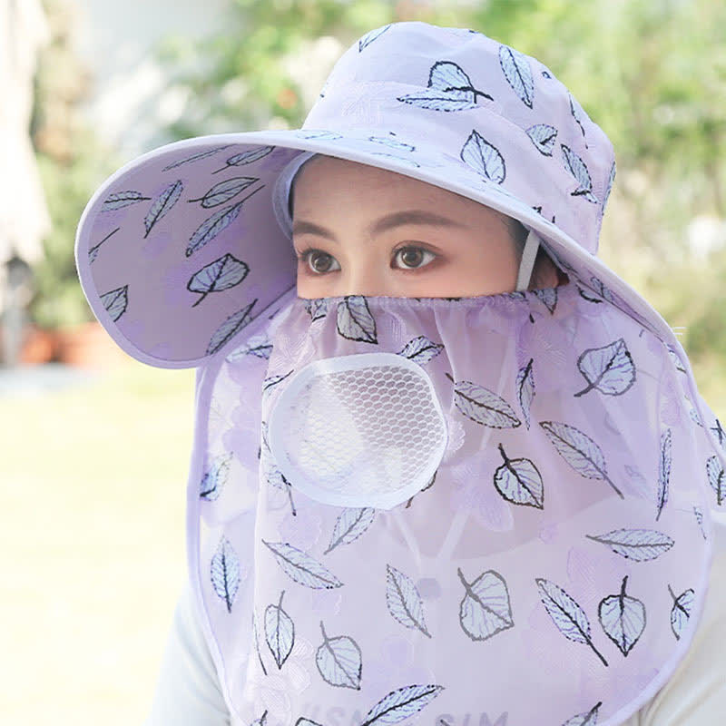Leaf Print Large Brim Shawl Mask Sun Hat