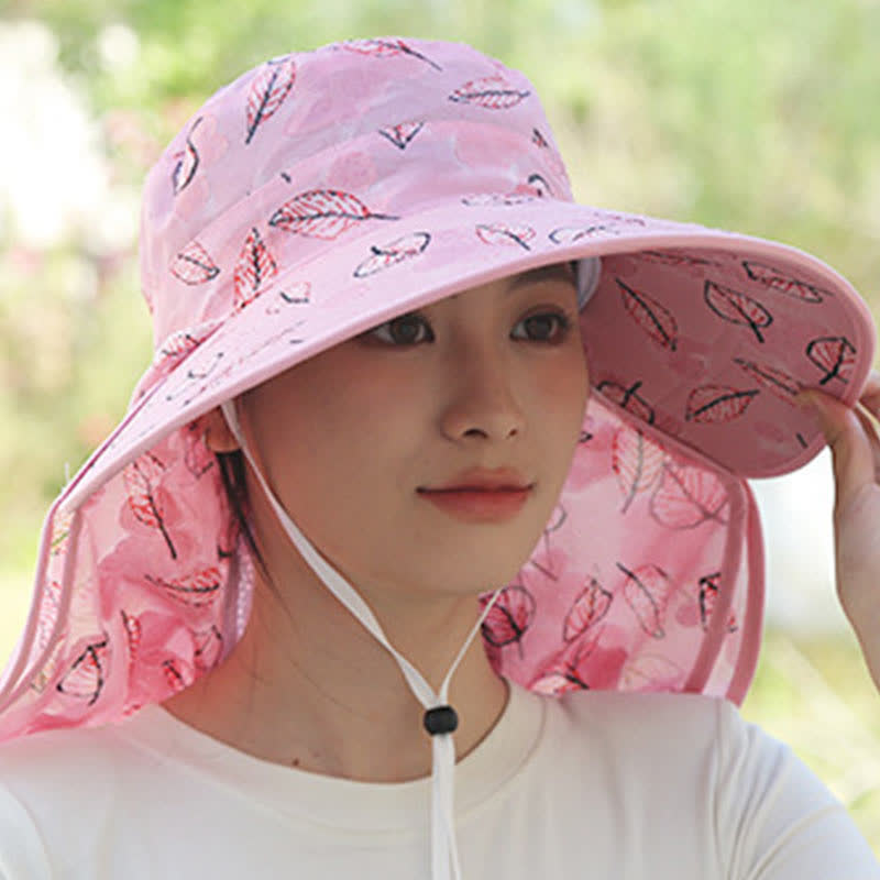 Leaf Print Large Brim Shawl Mask Sun Hat