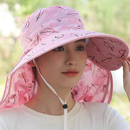 Leaf Print Large Brim Shawl Mask Sun Hat