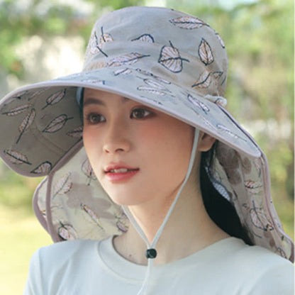 Leaf Print Large Brim Shawl Mask Sun Hat