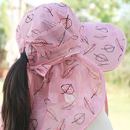 Leaf Print Large Brim Shawl Mask Sun Hat