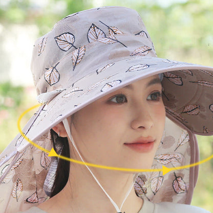 Leaf Print Large Brim Shawl Mask Sun Hat