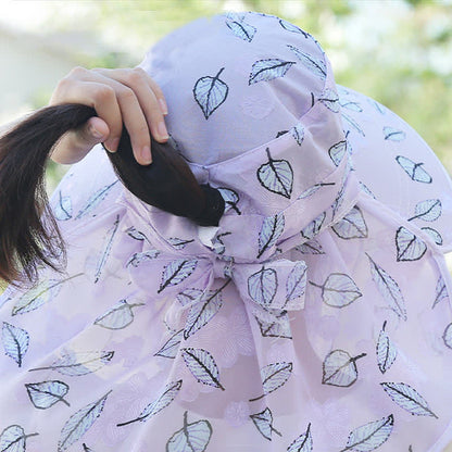 Leaf Print Large Brim Shawl Mask Sun Hat