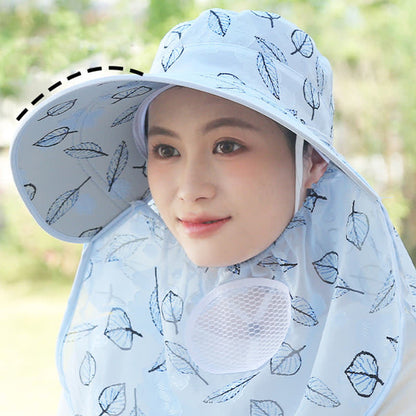 Leaf Print Large Brim Shawl Mask Sun Hat