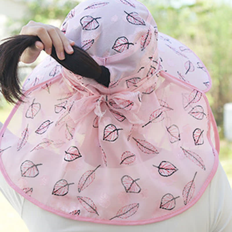 Leaf Print Large Brim Shawl Mask Sun Hat