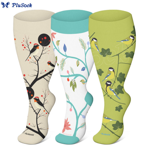 Plus Size Vivacious Birds Compression Socks(3 Pairs)