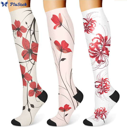 Red Flowers Compression Socks(3 Pairs)