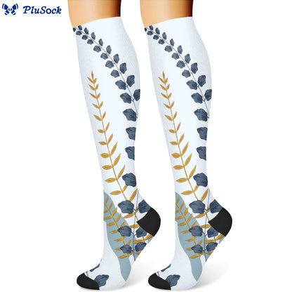 Green Leaves Blue Flowers Compression Socks(3 Pairs)