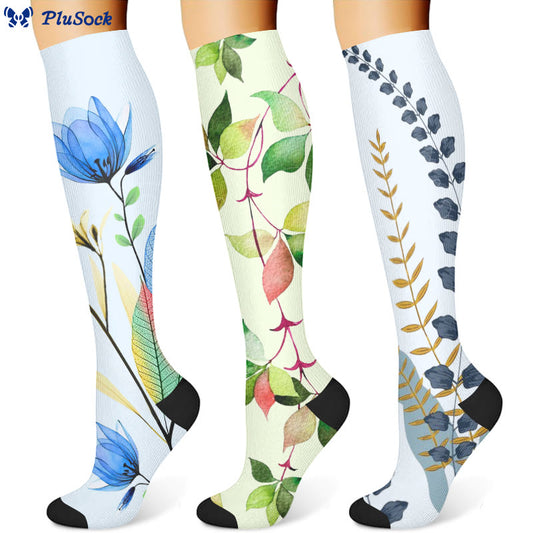 Green Leaves Blue Flowers Compression Socks(3 Pairs)