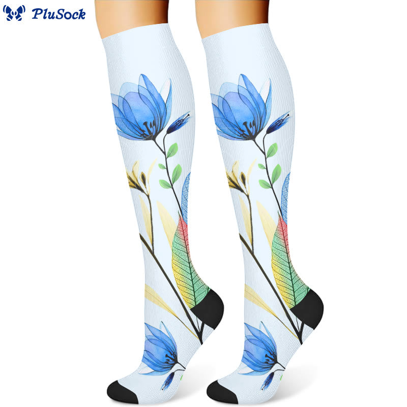 Green Leaves Blue Flowers Compression Socks(3 Pairs)