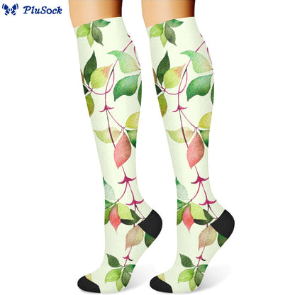 Green Leaves Blue Flowers Compression Socks(3 Pairs)