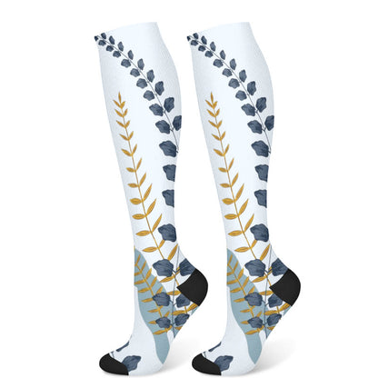Green Leaves Blue Flowers Compression Socks(3 Pairs)