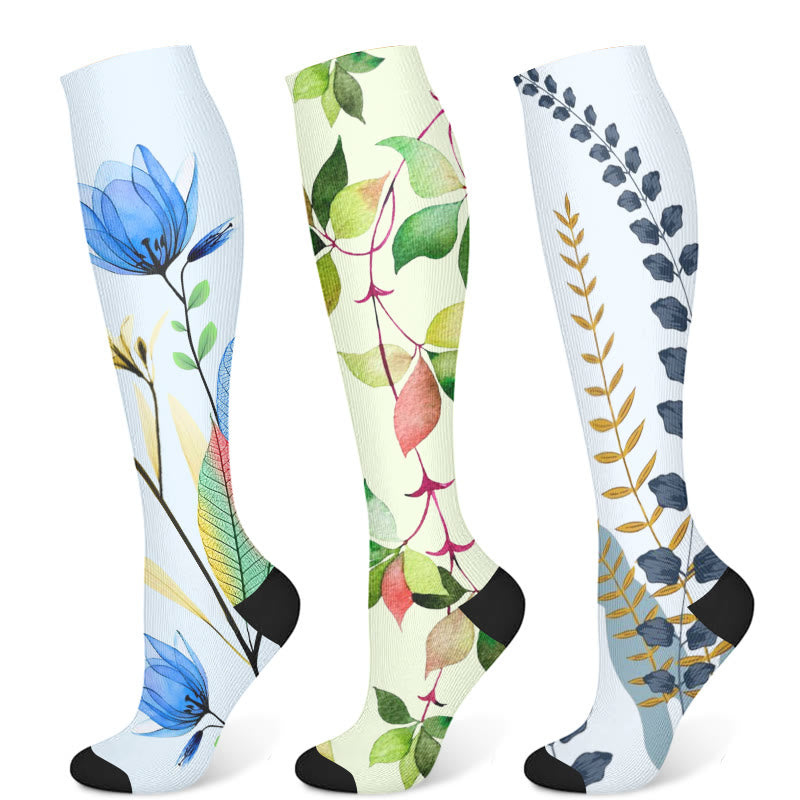 Green Leaves Blue Flowers Compression Socks(3 Pairs)