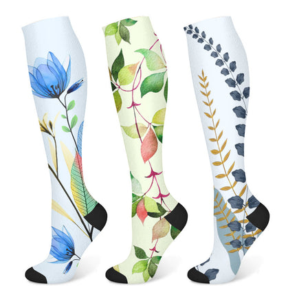 Green Leaves Blue Flowers Compression Socks(3 Pairs)
