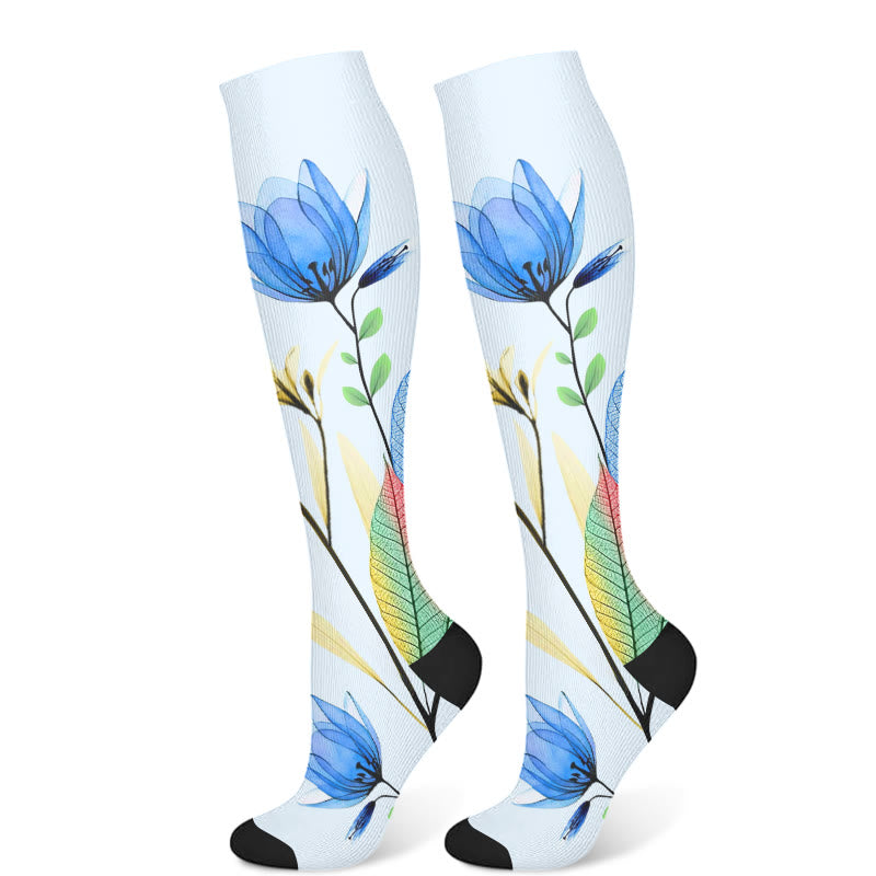 Green Leaves Blue Flowers Compression Socks(3 Pairs)
