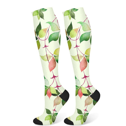 Green Leaves Blue Flowers Compression Socks(3 Pairs)