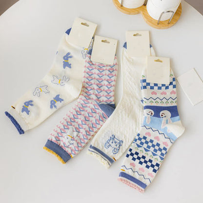 Cartoon Rabbit Print Cotton Quarter Socks(4 Pairs)