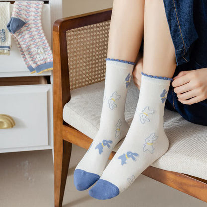 Cartoon Rabbit Print Cotton Quarter Socks(4 Pairs)