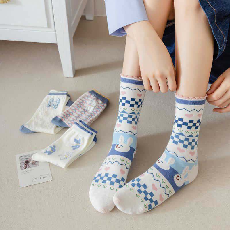 Cartoon Rabbit Print Cotton Quarter Socks(4 Pairs)