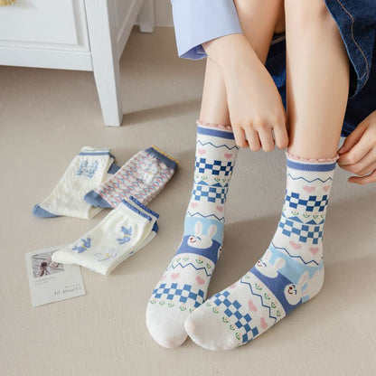 Cartoon Rabbit Print Cotton Quarter Socks(4 Pairs)