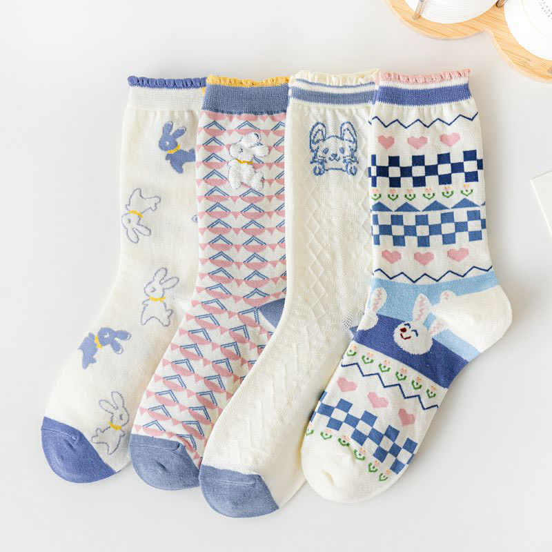 Cartoon Rabbit Print Cotton Quarter Socks(4 Pairs)