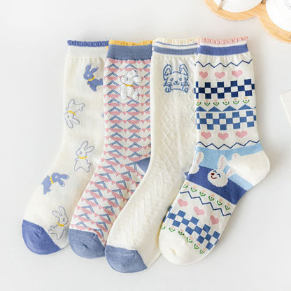Cartoon Rabbit Print Cotton Quarter Socks(4 Pairs)