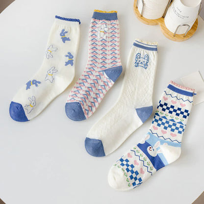 Cartoon Rabbit Print Cotton Quarter Socks(4 Pairs)