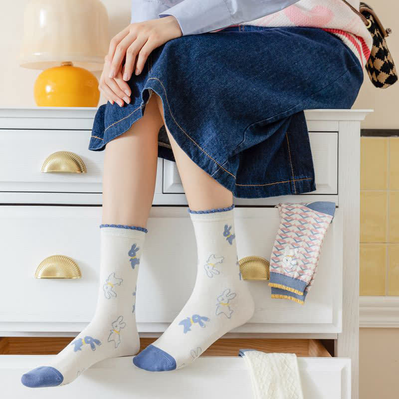 Cartoon Rabbit Print Cotton Quarter Socks(4 Pairs)
