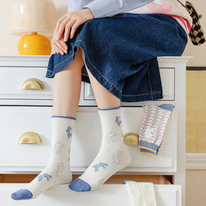Cartoon Rabbit Print Cotton Quarter Socks(4 Pairs)