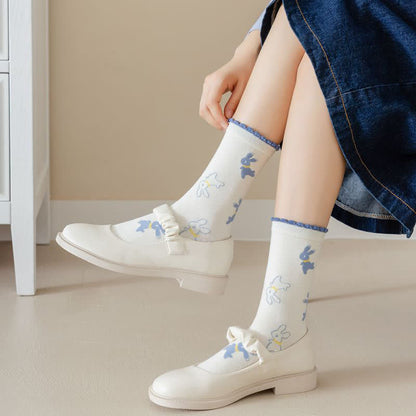 Cartoon Rabbit Print Cotton Quarter Socks(4 Pairs)