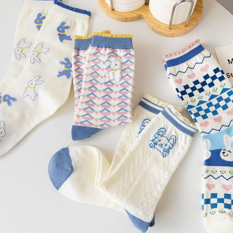 Cartoon Rabbit Print Cotton Quarter Socks(4 Pairs)