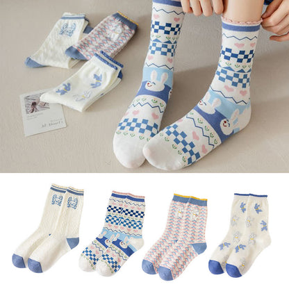 Cartoon Rabbit Print Cotton Quarter Socks(4 Pairs)
