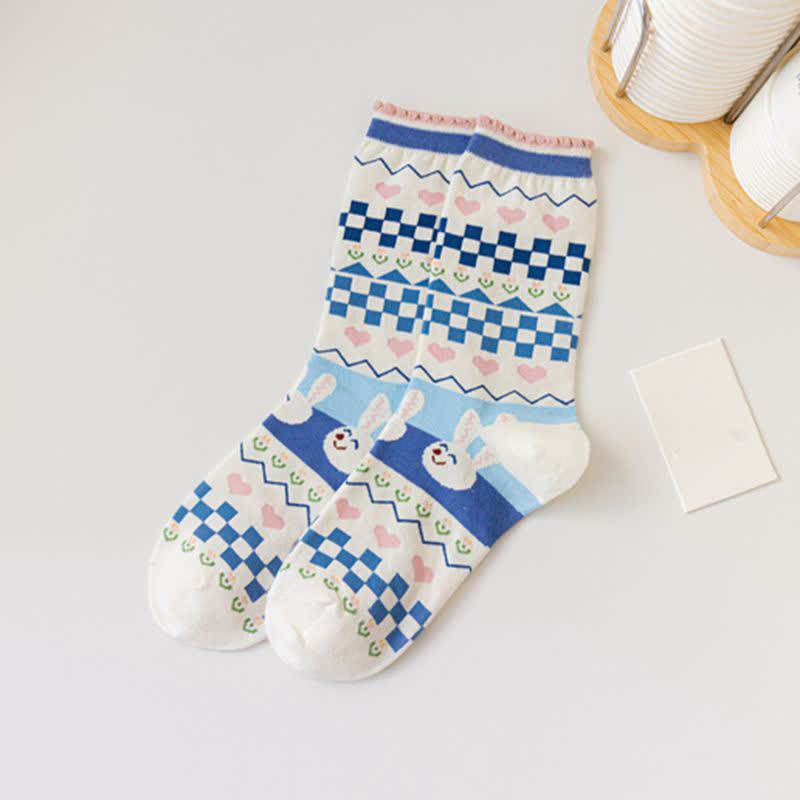 Cartoon Rabbit Print Cotton Quarter Socks(4 Pairs)