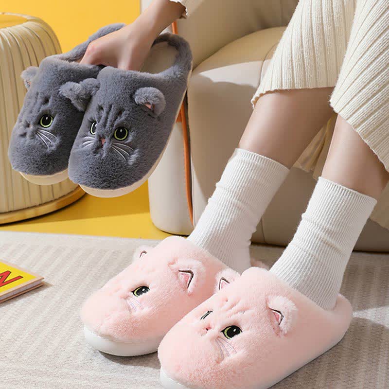 Cute Cartoon Kitten Indoor Plush Slippers
