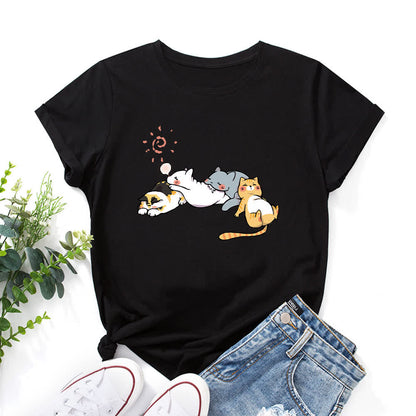 Plusock Plus Size Cat Print Round Neck Short Sleeve T-Shirt