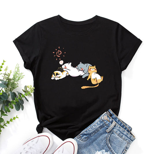 Plus Size Cat Print Round Neck Short Sleeve T-Shirt