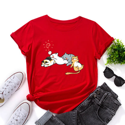 Plusock Plus Size Cat Print Round Neck Short Sleeve T-Shirt
