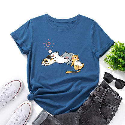 Plusock Plus Size Cat Print Round Neck Short Sleeve T-Shirt