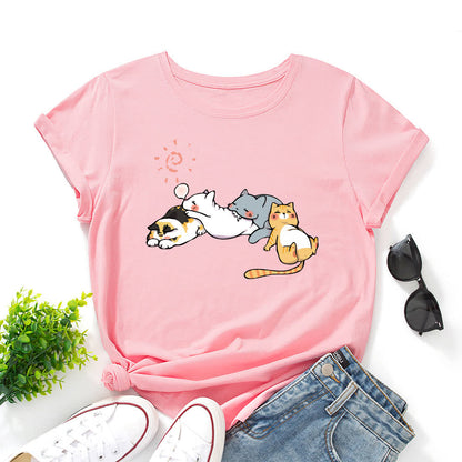 Plusock Plus Size Cat Print Round Neck Short Sleeve T-Shirt