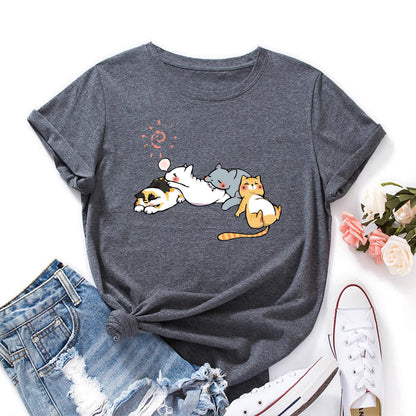 Plusock Plus Size Cat Print Round Neck Short Sleeve T-Shirt