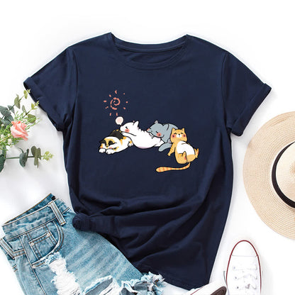 Plusock Plus Size Cat Print Round Neck Short Sleeve T-Shirt