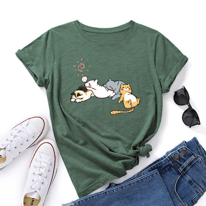 Plusock Plus Size Cat Print Round Neck Short Sleeve T-Shirt