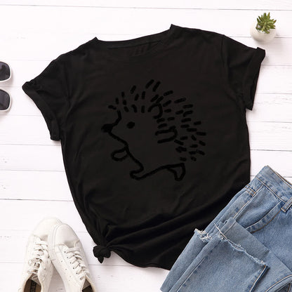 Plusock Plus Size Hedgehog Print Round Neck Short Sleeve T-Shirt