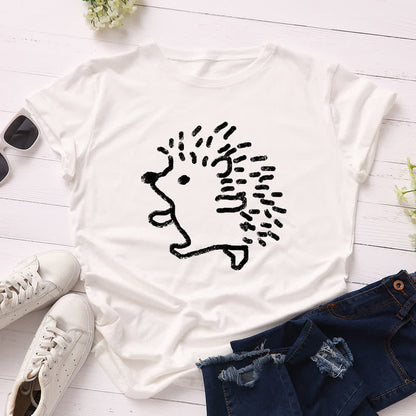 Plusock Plus Size Hedgehog Print Round Neck Short Sleeve T-Shirt