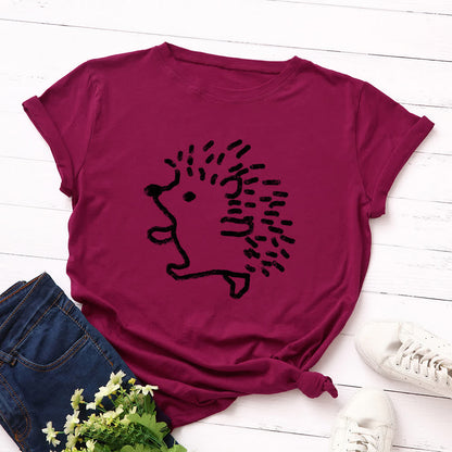 Plusock Plus Size Hedgehog Print Round Neck Short Sleeve T-Shirt