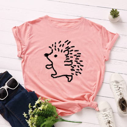 Plusock Plus Size Hedgehog Print Round Neck Short Sleeve T-Shirt