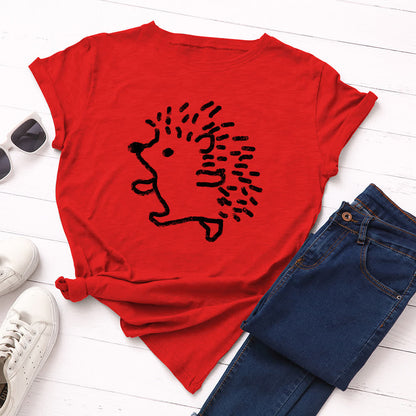 Plusock Plus Size Hedgehog Print Round Neck Short Sleeve T-Shirt