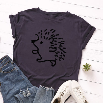 Plusock Plus Size Hedgehog Print Round Neck Short Sleeve T-Shirt