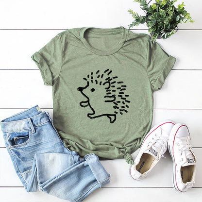 Plusock Plus Size Hedgehog Print Round Neck Short Sleeve T-Shirt